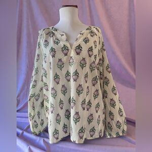 J. Crew Block Print Popover Blouse Summer Bohemian Indie Peasant Sz Large EUC